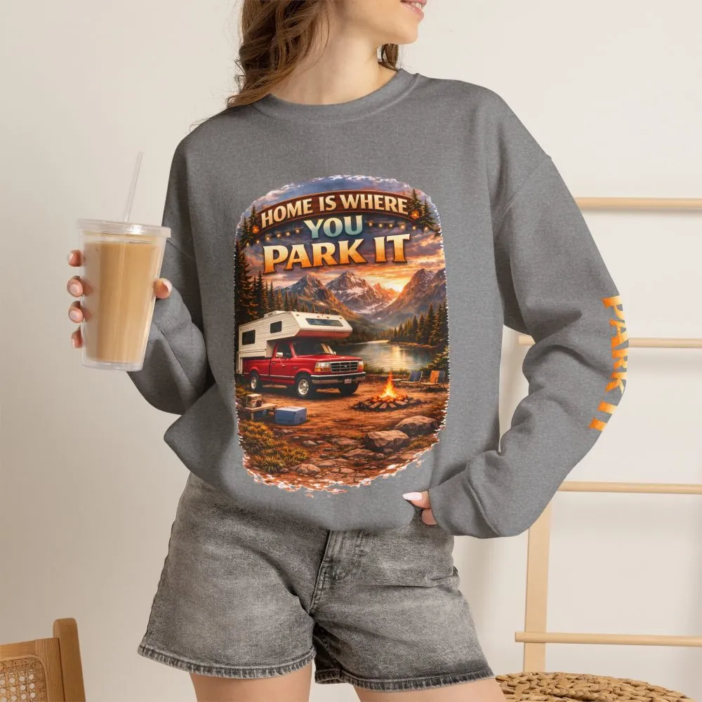 Unisex Heavy Blend™ Crewneck Sweatshirt — "Home Is Where You Park It" Design Scenic-Line