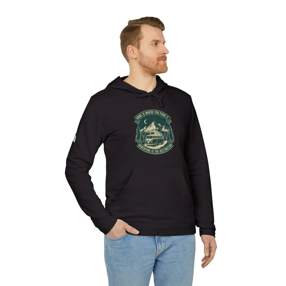 Hoodie(Adidas) — "Home Is Where You Park It-Adventure is the destination" Outdoor Travel Pullover (Only Front Printed)