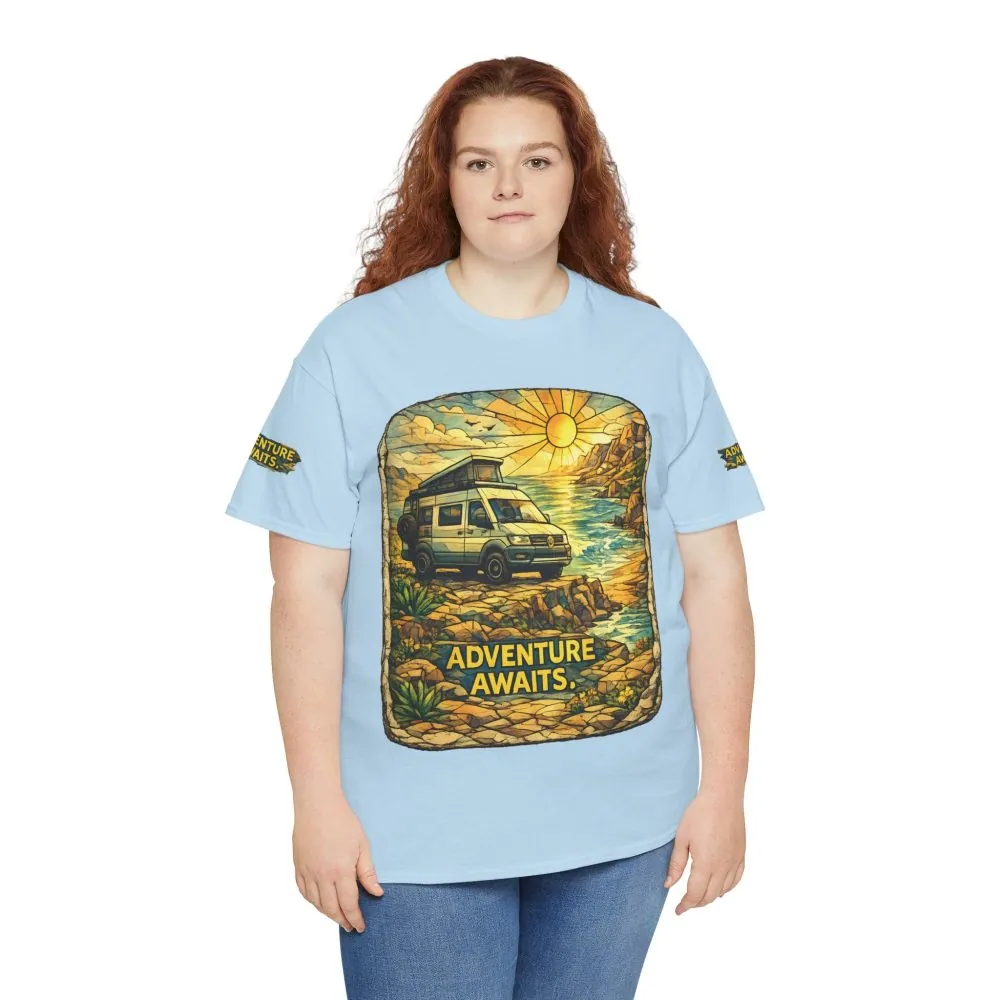 Unisex Heavy Cotton Tee — "Adventure Awaits" Design Cubic-Line