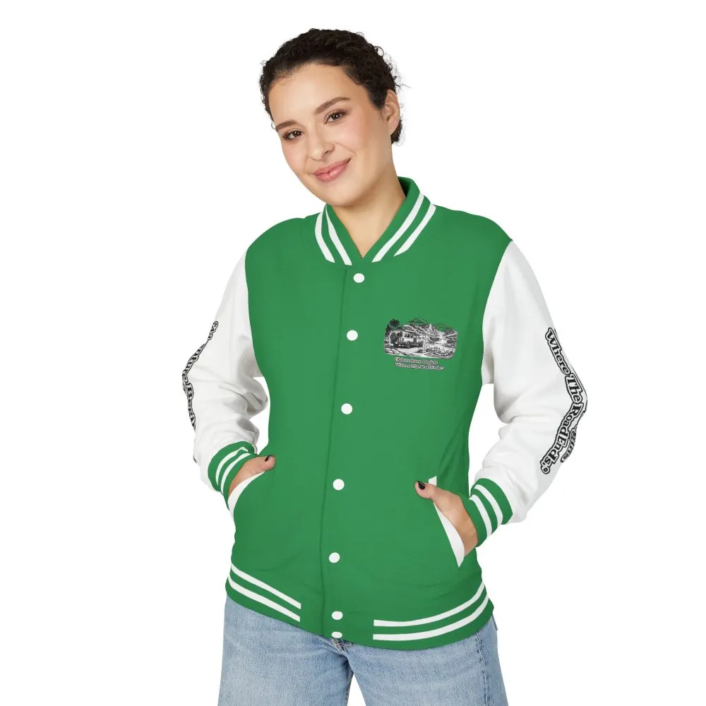 Unisex Heavyweight Letterman Jacket — "Adventure Begins Where The Road Ends" Travel Varsity Coat