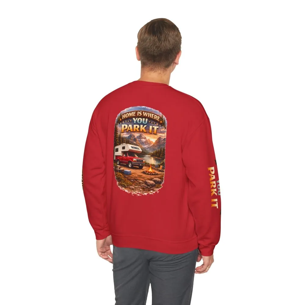 Unisex Heavy Blend™ Crewneck Sweatshirt — "Home Is Where You Park It" Design Scenic-Line