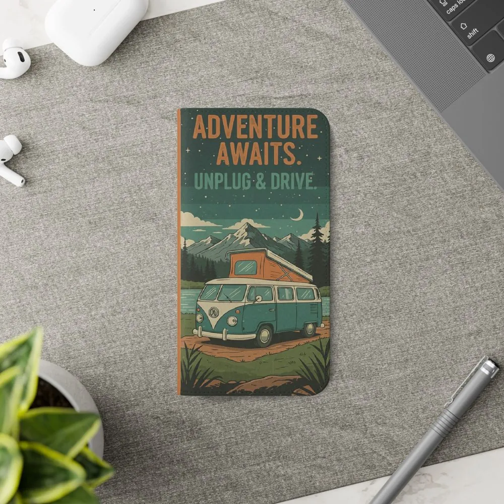 Flip Phone Case — "Adventure Awaits Unplug & Drive" Wallet Case
