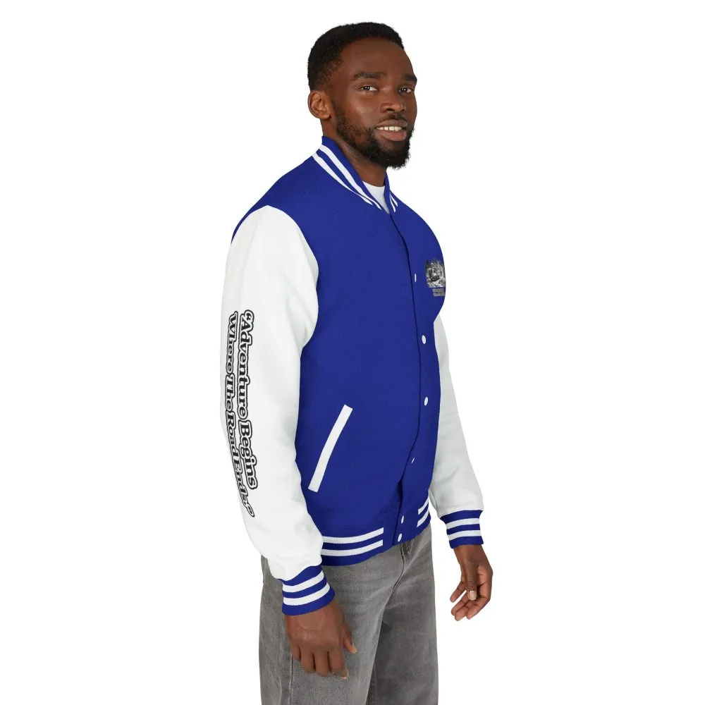 Unisex Heavyweight Letterman Jacket — "Adventure Begins Where The Road Ends" Travel Varsity Coat