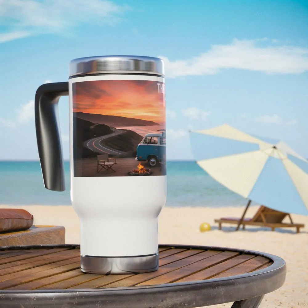 Stainless Steel Travel Mug with Handle, 14oz — "The Road is Life"