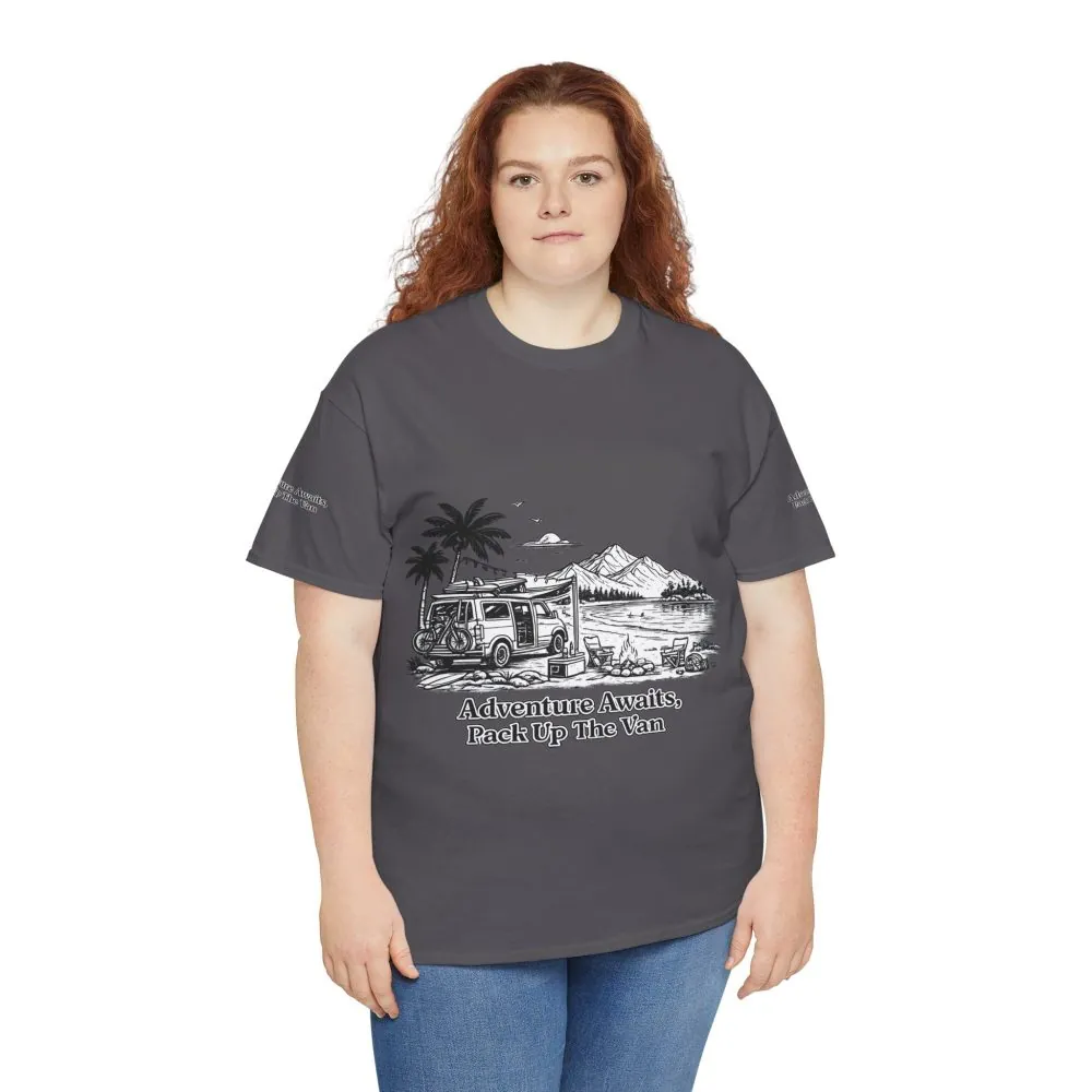 Unisex Heavy Cotton Tee — "Adventure Awaits,Pack Up The Van" Design Minimal-Line