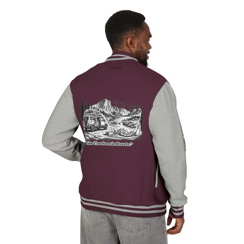 Unisex Heavyweight Letterman Jacket — "Take The Scenic Route" Travel Varsity Coat