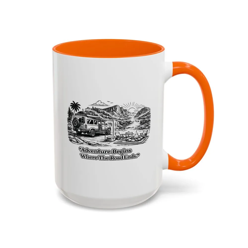 Accent Coffee Mug (11, 15oz) — "Adventure Begins Where The Road Ends" Design Minimal-Line