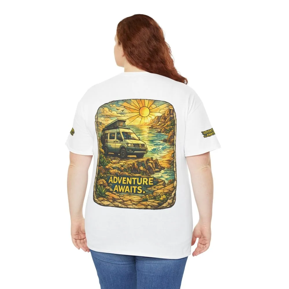 Unisex Heavy Cotton Tee — "Adventure Awaits" Design Cubic-Line