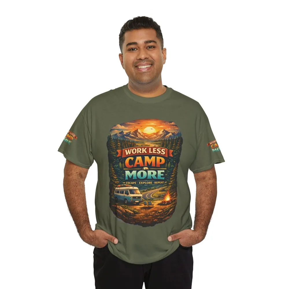 Unisex Heavy Cotton Tee — "Work Less-Camp More" Design Scenic-Line