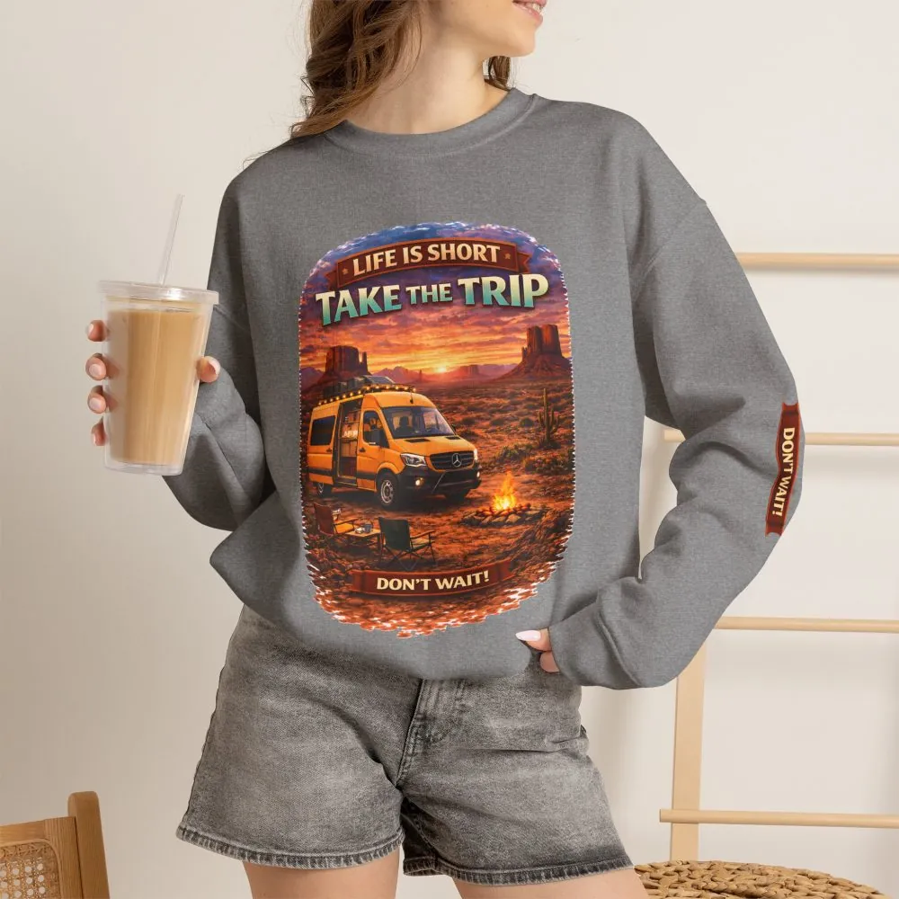 Unisex Heavy Blend™ Crewneck Sweatshirt — "Live Is Short Take The Trip" Design Scenic-Line