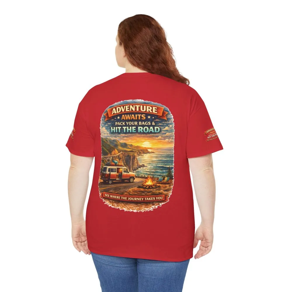Unisex Heavy Cotton Tee — "Adventure Awaits-Pack Your Bags" Design Scenic-Line