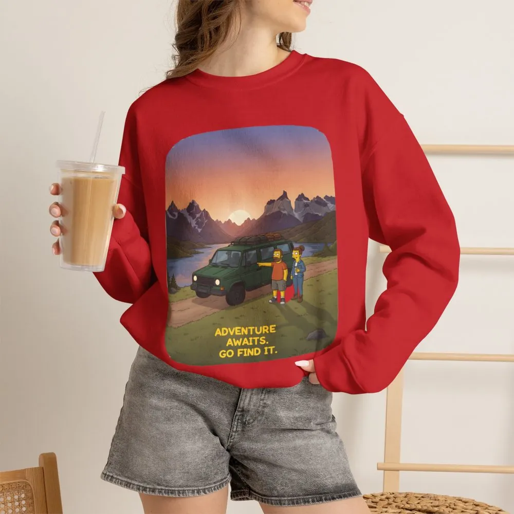 Unisex Heavy Blend™ Crewneck Sweatshirt — "Adventure Awaits-Go Find It" Design Sitcom-Line