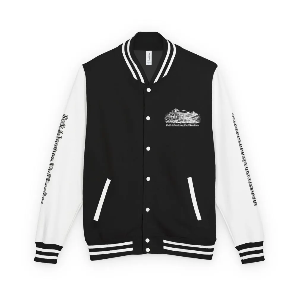 7643765293927724802_2048.jpeg Unisex Heavyweight Letterman Jacket — "Seek Adventure, Find Freedom" Travel Varsity Coat