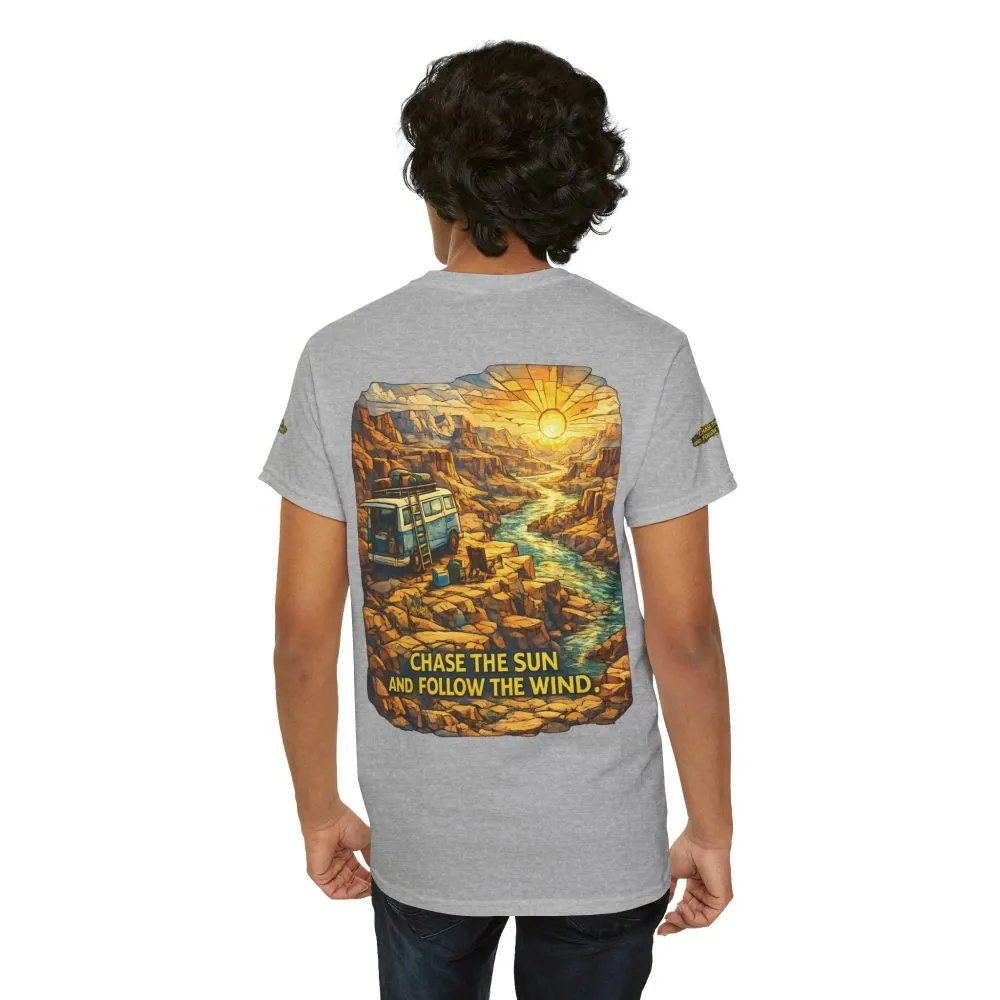 Unisex Heavy Cotton Tee — "Chase The Sun And Follow The Wind" Design Cubic-Line