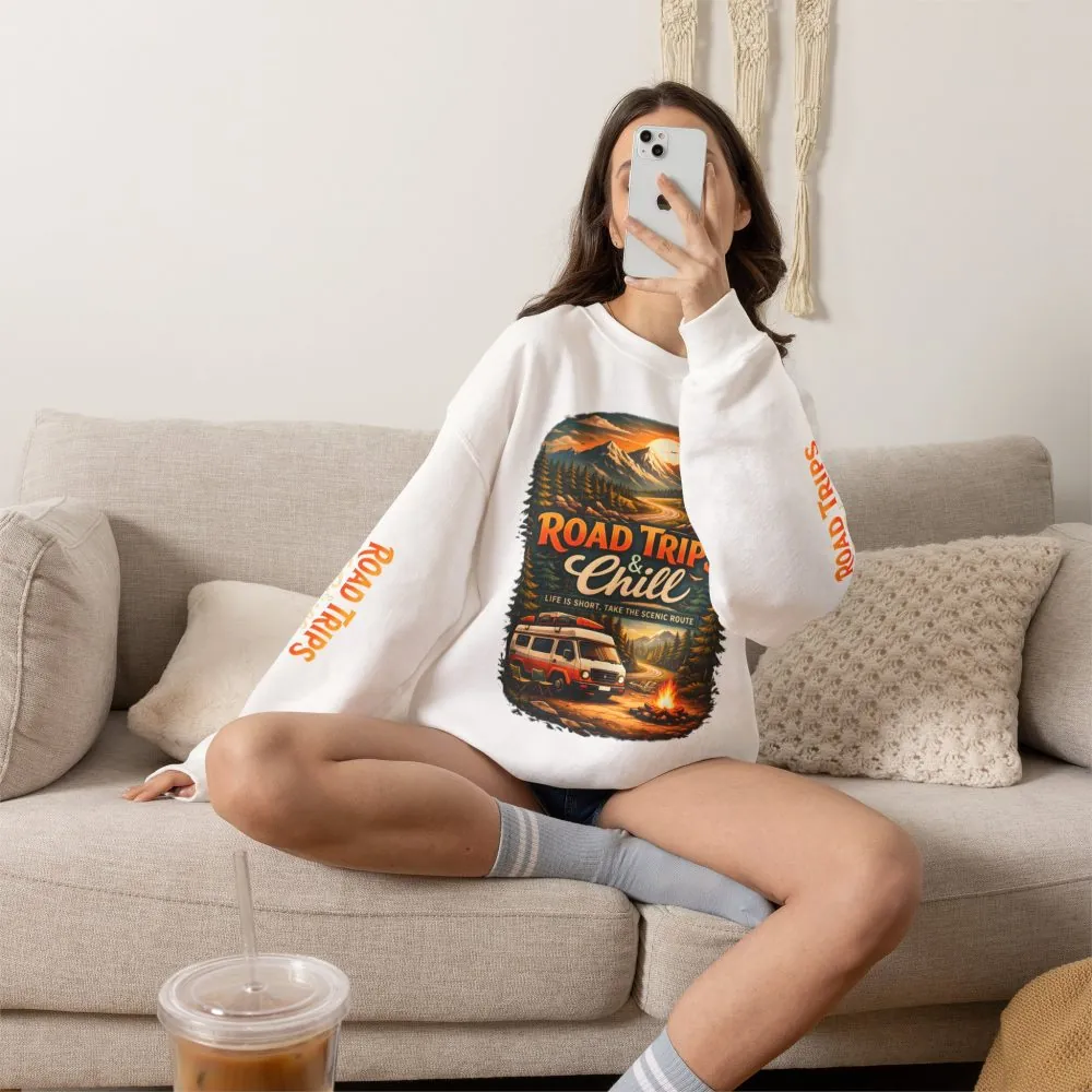 Unisex Heavy Blend™ Crewneck Sweatshirt — "Road Trips & Chill" Design Scenic-Line