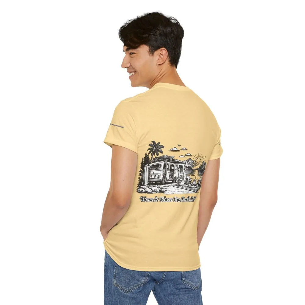 Unisex Heavy Cotton Tee — "Home Is Where You Park It" Design Minimal-Line