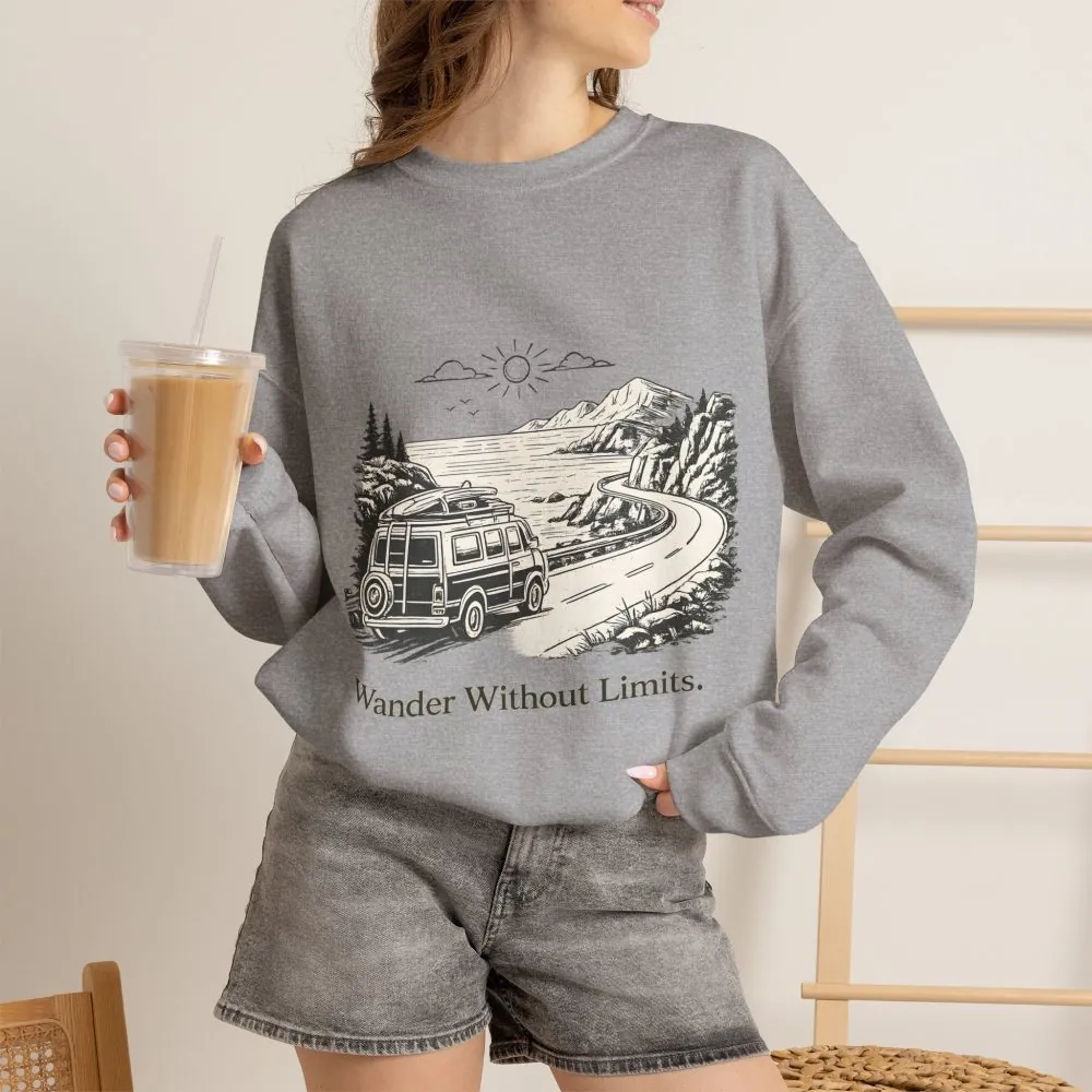 Unisex Heavy Blend™ Crewneck Sweatshirt — "Wander Without Limits" Design Minimal-Line