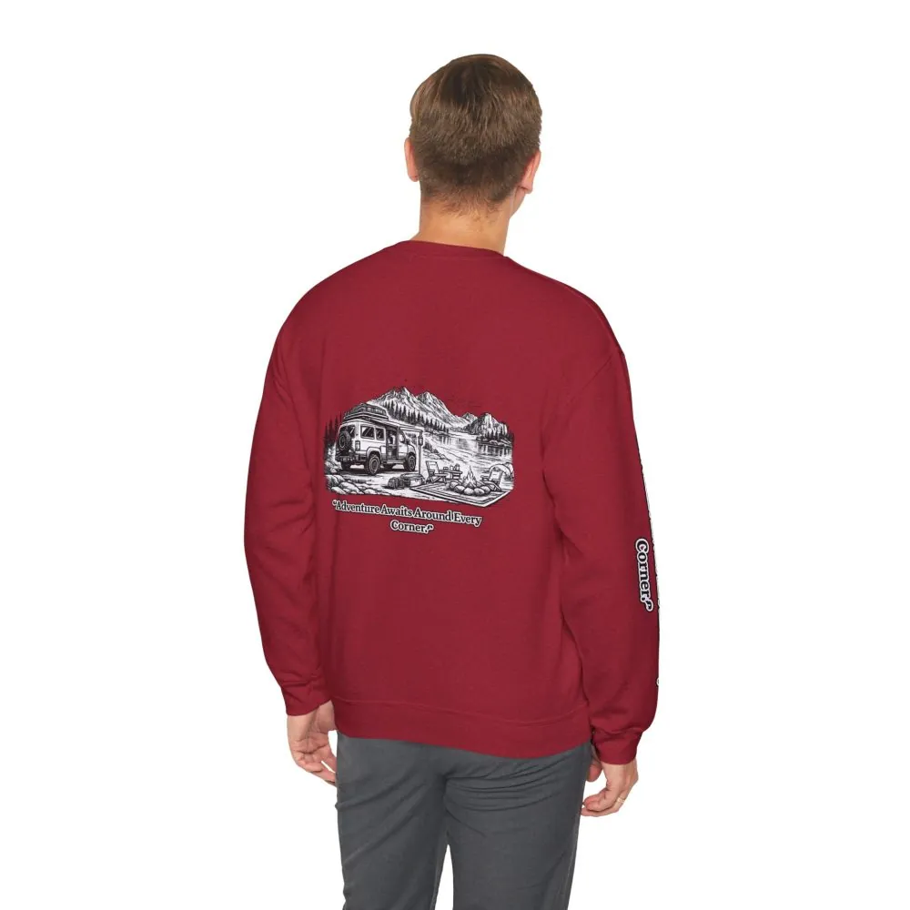 7673828484124048901_2048.jpeg Unisex Heavy Blend™ Crewneck Sweatshirt — "Adventure Awaits Around Every Corner" Design Minimal-Line