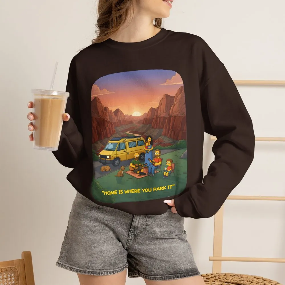 Unisex Heavy Blend™ Crewneck Sweatshirt — "Home Is Where You Park It" Design Sitcom-Line