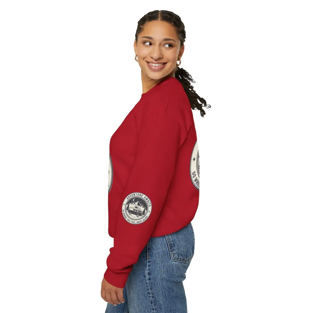 Crewneck Sweatshirt — "Adventure Awaits-Go Where You Feel Most Alive" (Font + Back + Sleaves printed) Vintage Camper Van Outdoor Graphic