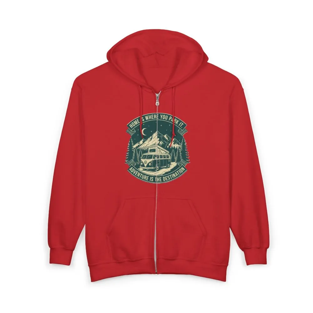 7707838126723921604_2048.jpeg Zip Hoodie — "Home Is Where You Park It-Adventure is the destination"(Front + Back Printed) Camper Van Adventure Zip-Up