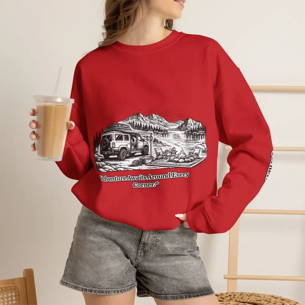 7714704511471053544_2048.jpeg Unisex Heavy Blend™ Crewneck Sweatshirt — "Adventure Awaits Around Every Corner" Design Minimal-Line