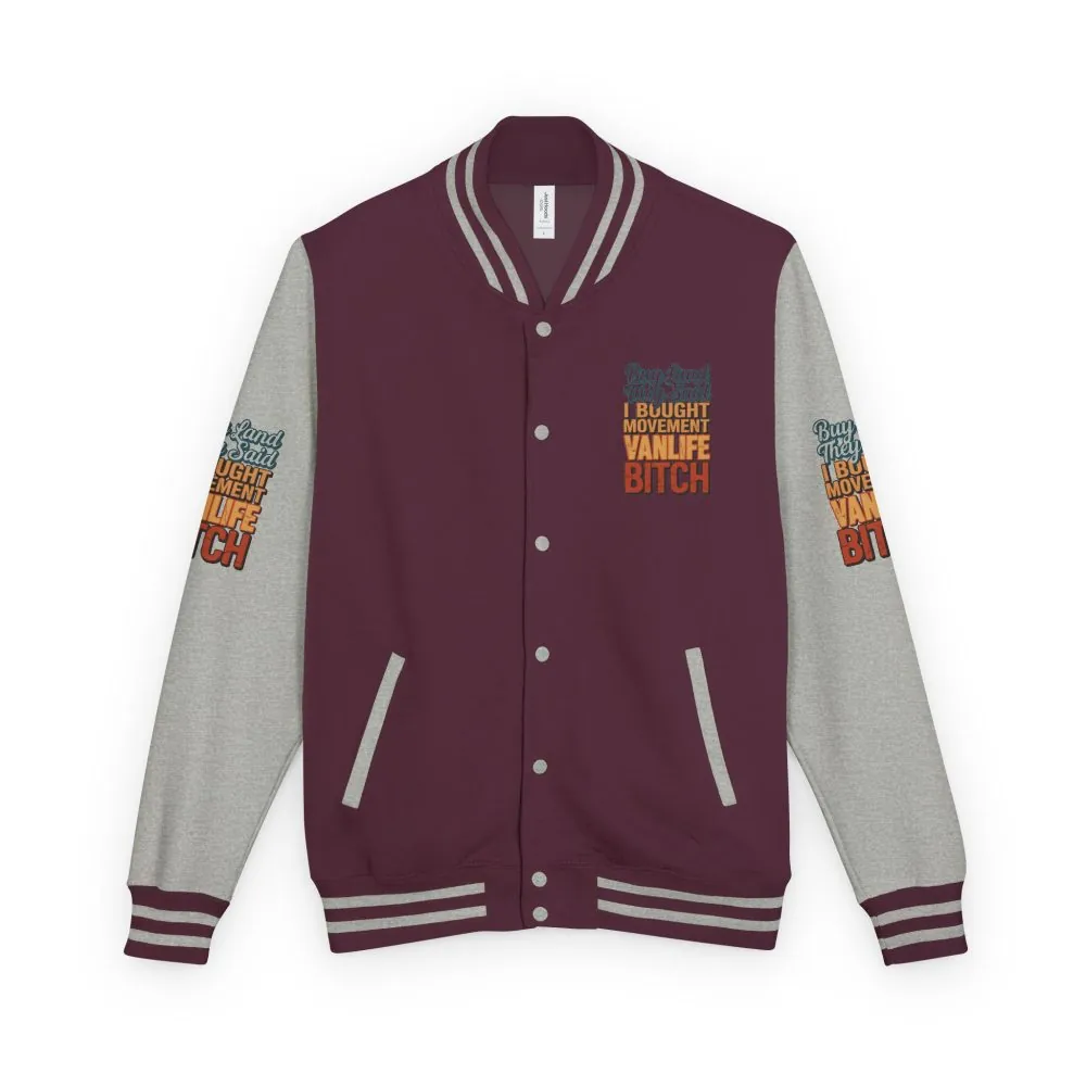7716810113889730242_2048.jpeg Unisex Heavyweight Letterman Jacket — "Buy Land They Said" Design F**K-Line