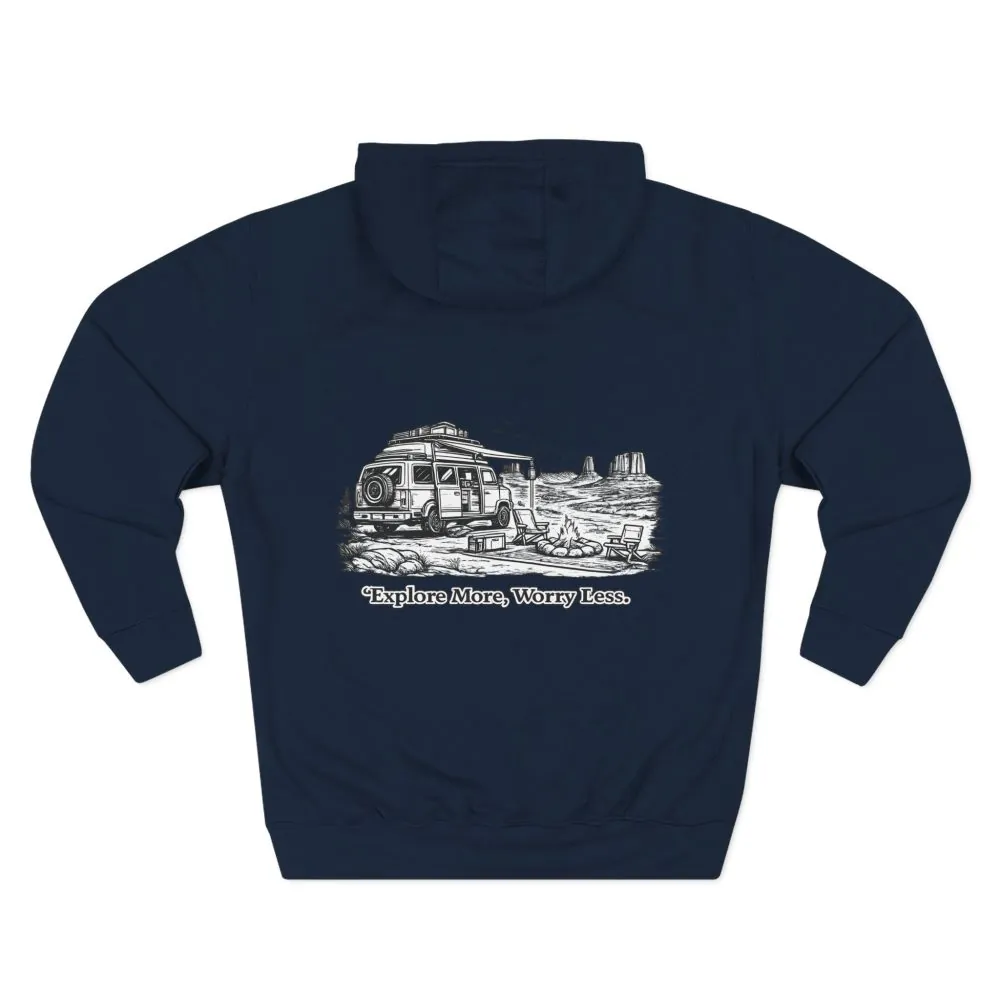 Three-Panel Fleece Hoodie - "Explore More Worry Less" Design Minimal-Line