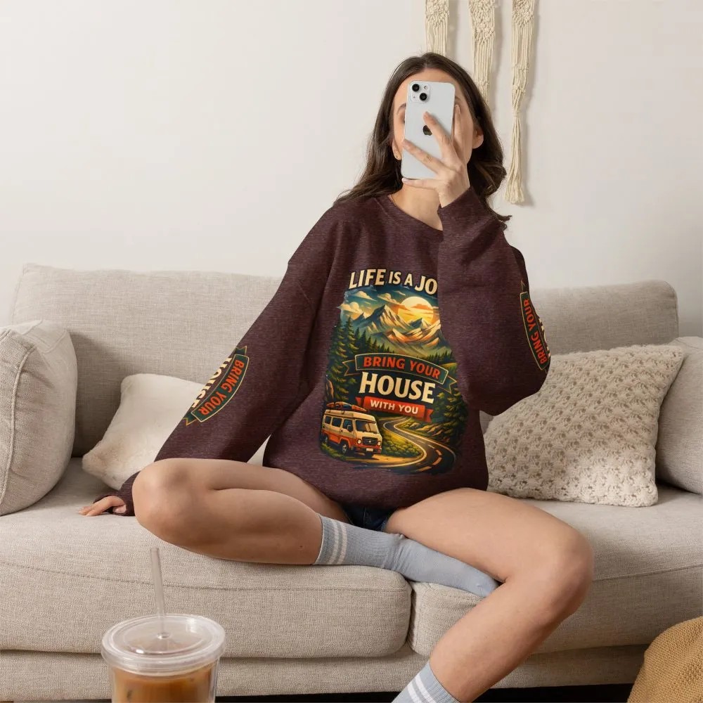 Unisex Heavy Blend™ Crewneck Sweatshirt — "Live Is A Journey-Bring Your House With You" Design Scenic-Line