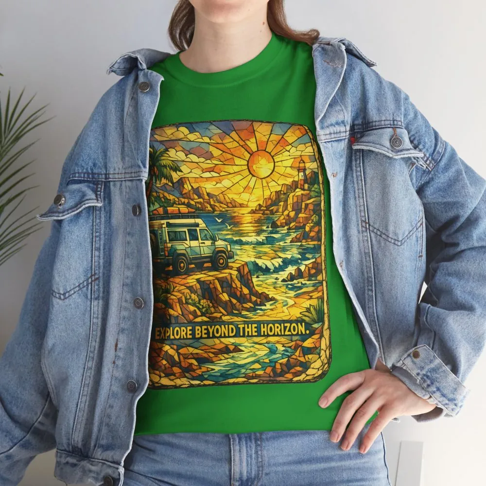 Unisex Heavy Cotton Tee — "Explore Beyond The Horizon" Design Cubic-Line