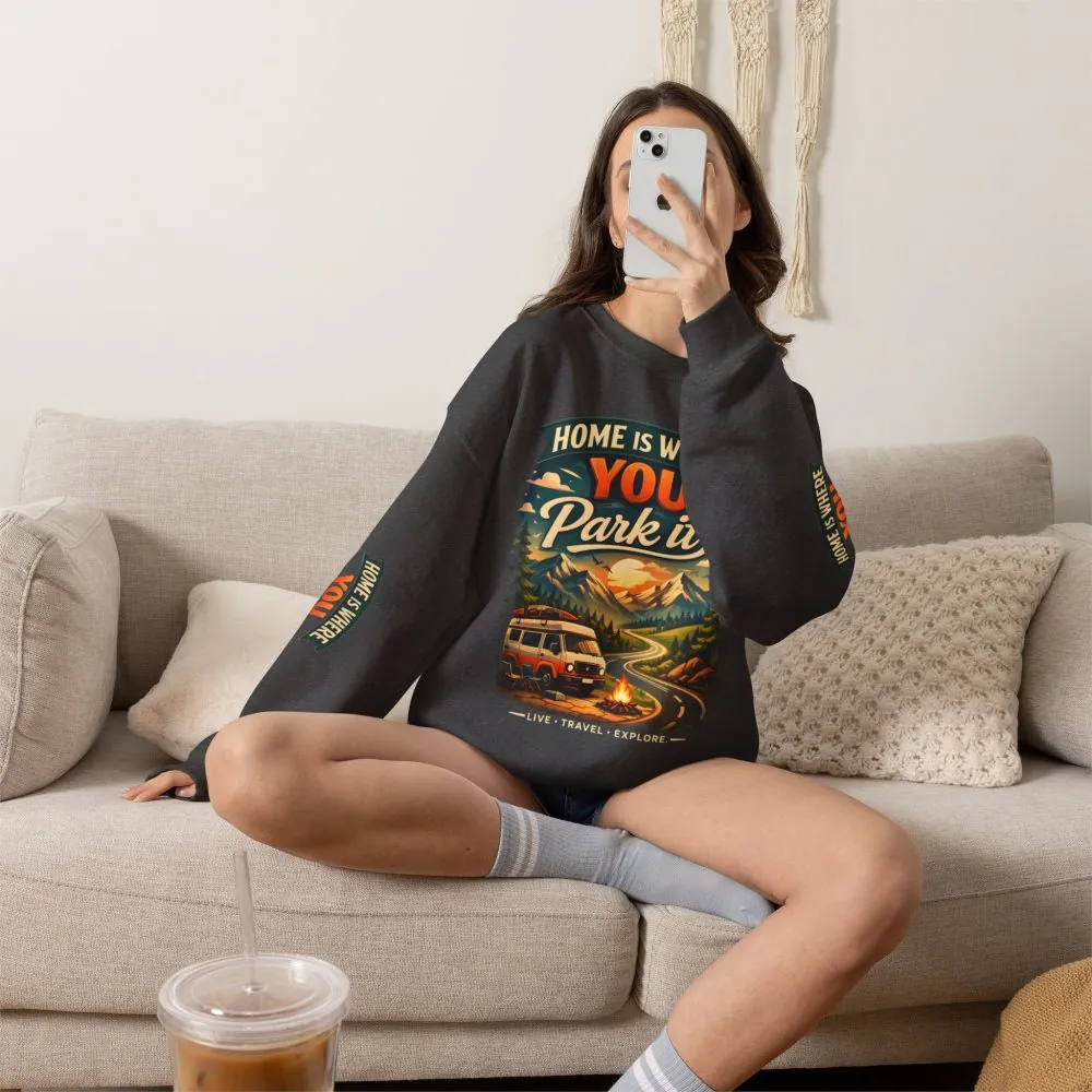 Unisex Heavy Blend™ Crewneck Sweatshirt — "Home Is Where You Park It" Design Scenic-Line