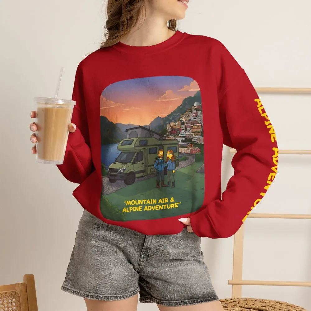Unisex Heavy Blend™ Crewneck Sweatshirt — "Mountain Air And Alpine Adventure"" Design Sitcom-Line