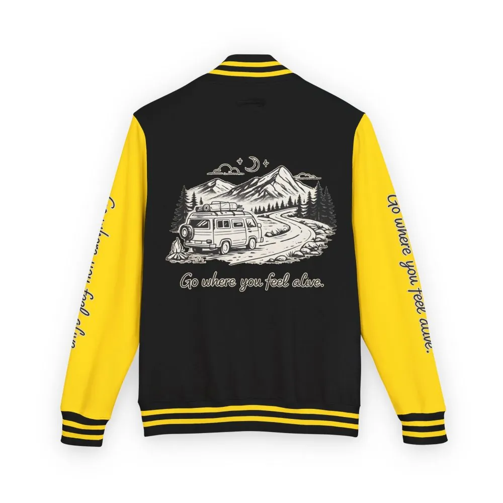 Unisex Heavyweight Letterman Jacket — "Go Where You Feel Alive" Travel Varsity Coat