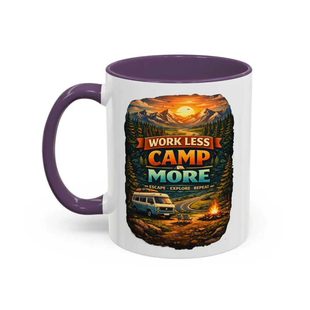 Accent Coffee Mug (11, 15oz) — "Work Less-Camp More" Design Scenic-Line