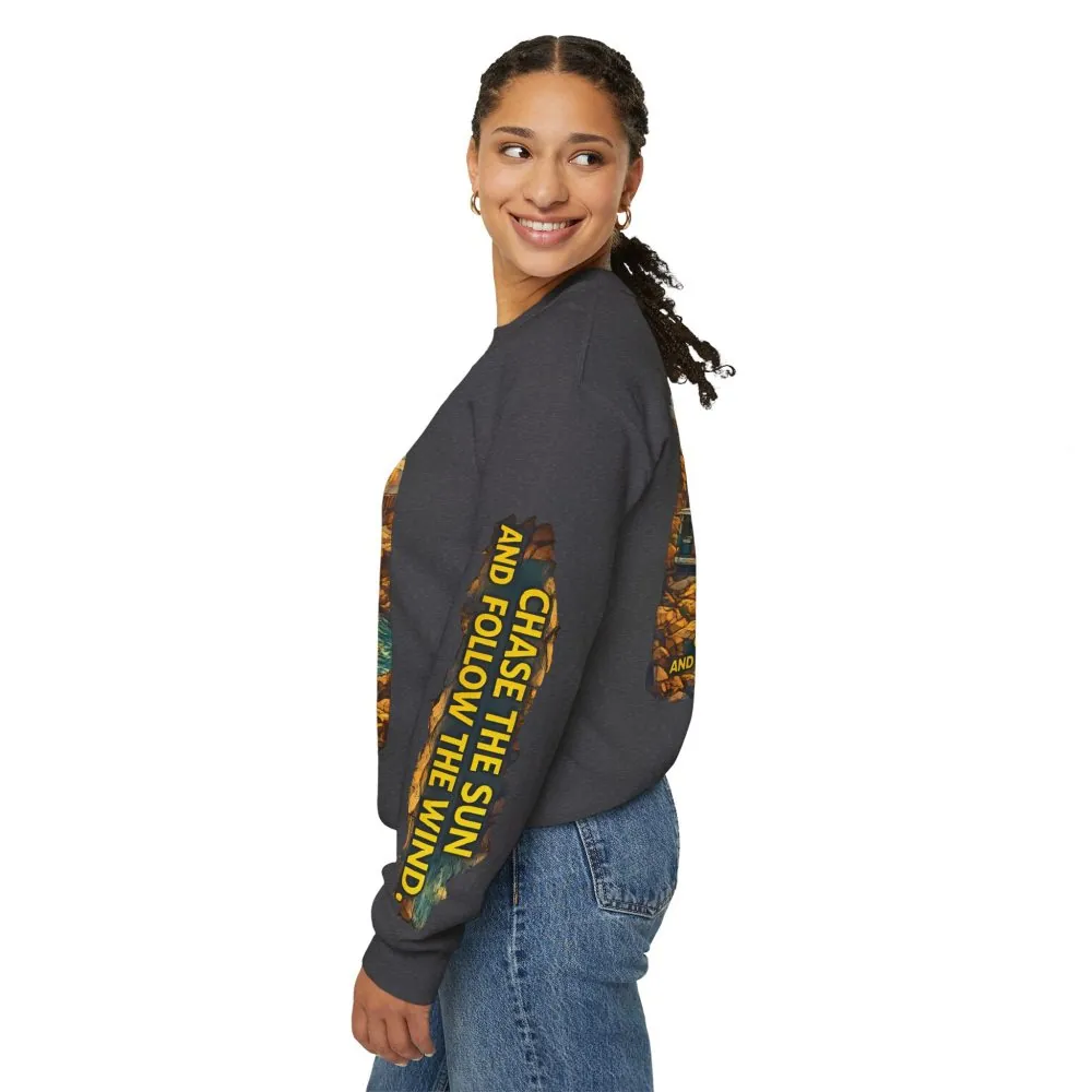 Unisex Heavy Blend™ Crewneck Sweatshirt — "Chase The Sun And Follow The Wind" Design Cubic-Line