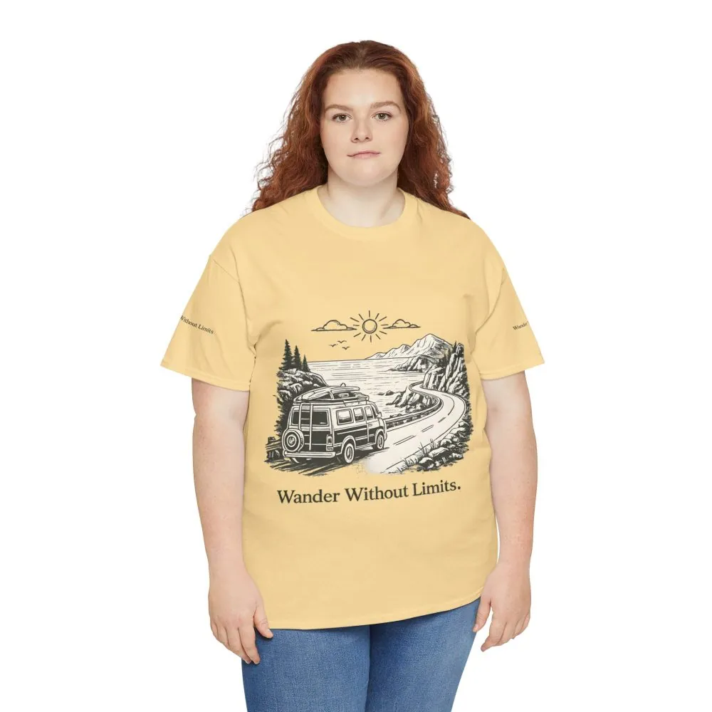 Unisex Heavy Cotton Tee — "Wander Without Limits" Design Minimal-Line