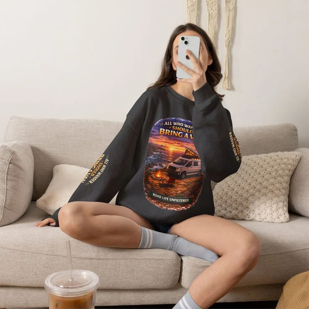 7766924221580465145_2048.jpeg Unisex Heavy Blend™ Crewneck Sweatshirt — "All Who wander Should Bring A Van" Design Scenic-Line
