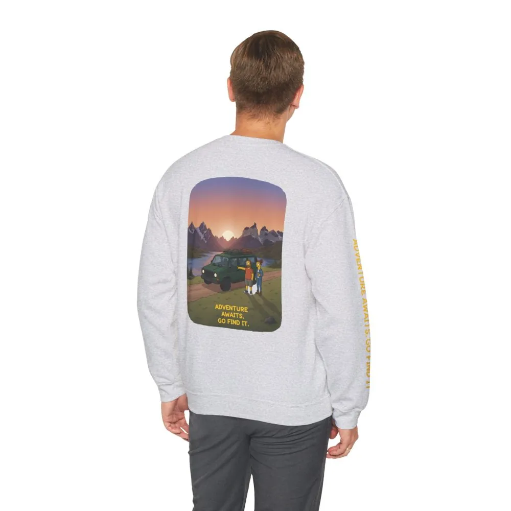 Unisex Heavy Blend™ Crewneck Sweatshirt — "Adventure Awaits-Go Find It" Design Sitcom-Line