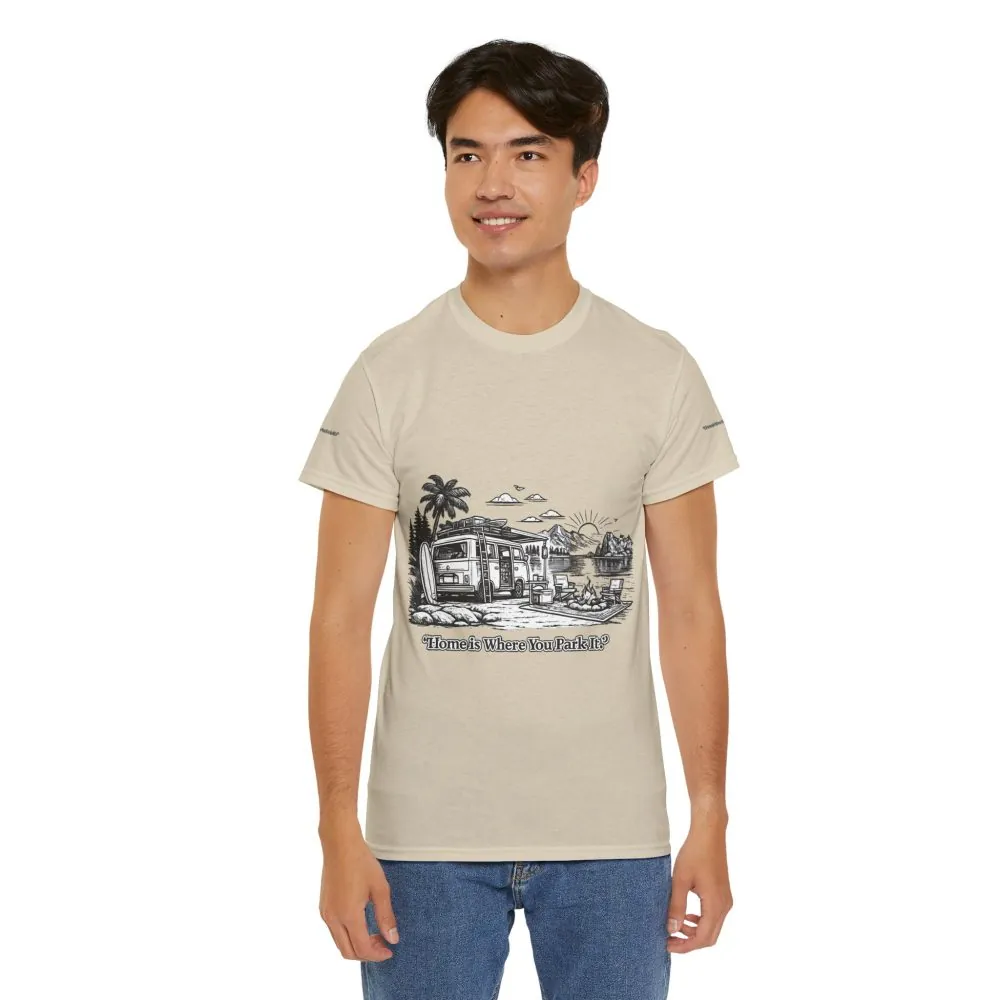 Unisex Heavy Cotton Tee — "Home Is Where You Park It" Design Minimal-Line