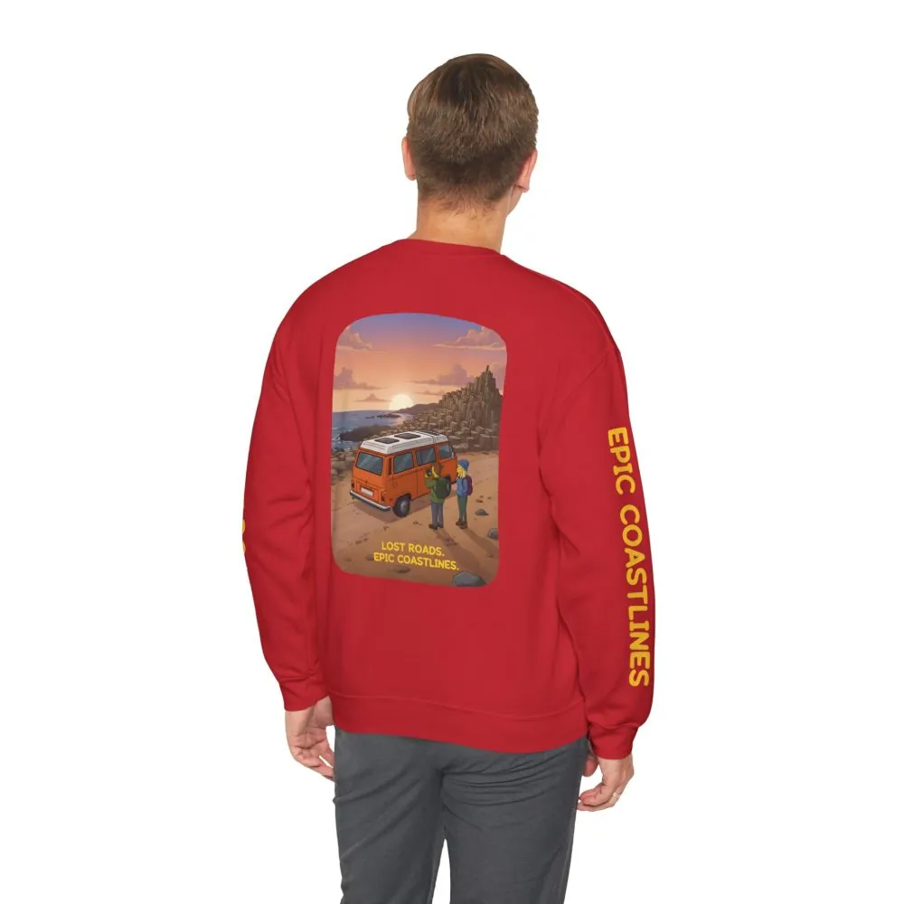 Unisex Heavy Blend™ Crewneck Sweatshirt — "Lost Roads Epic Coastlines" Design Sitcom-Line