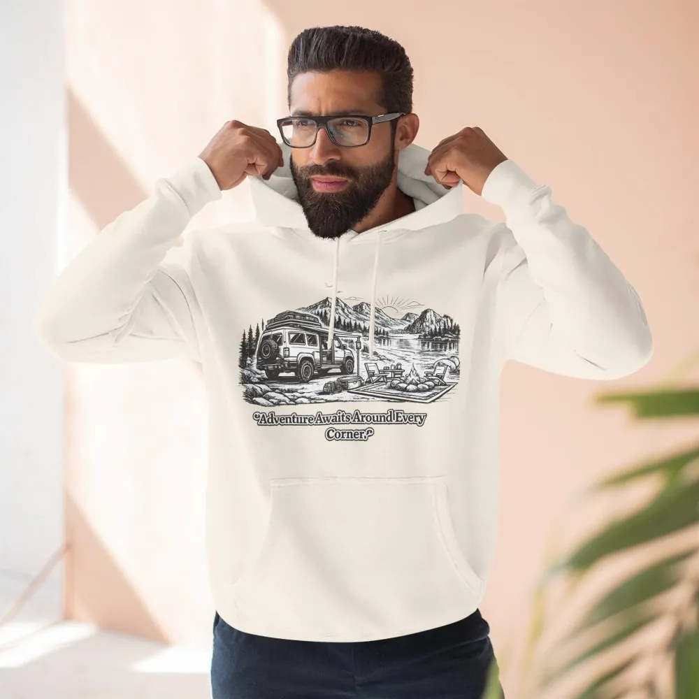 7822688207431607028_2048.jpeg Three-Panel Fleece Hoodie - "Adventure Awaits Around Every Corner" Design Minimal-Line