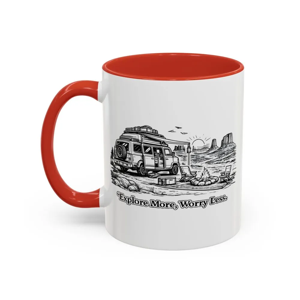 Accent Coffee Mug (11, 15oz) — "Explore More Worry Less" Design Minimal-Line