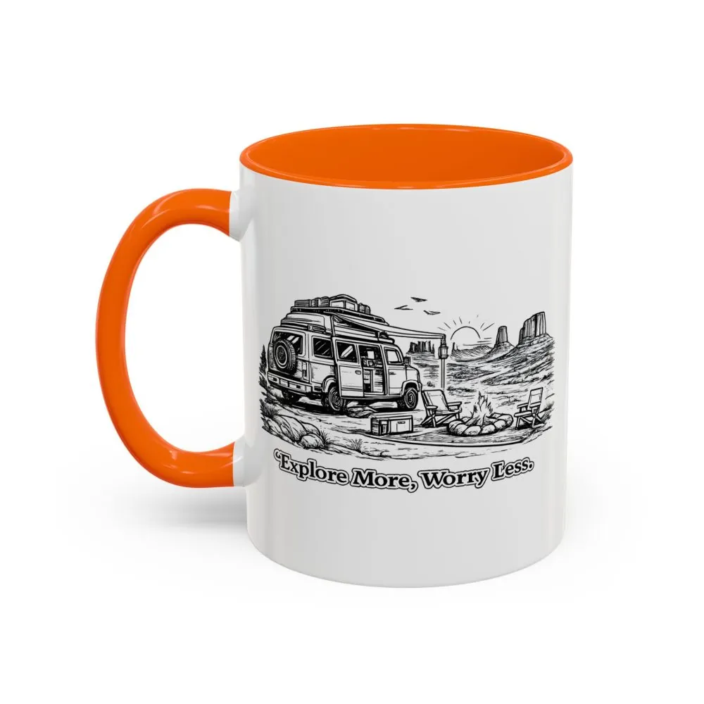 Accent Coffee Mug (11, 15oz) — "Explore More Worry Less" Design Minimal-Line