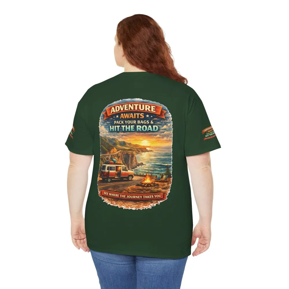 Unisex Heavy Cotton Tee — "Adventure Awaits-Pack Your Bags" Design Scenic-Line