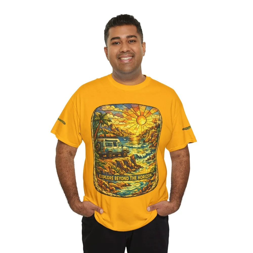 Unisex Heavy Cotton Tee — "Explore Beyond The Horizon" Design Cubic-Line