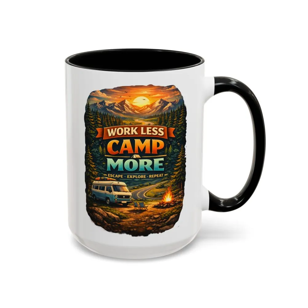 Accent Coffee Mug (11, 15oz) — "Work Less-Camp More" Design Scenic-Line