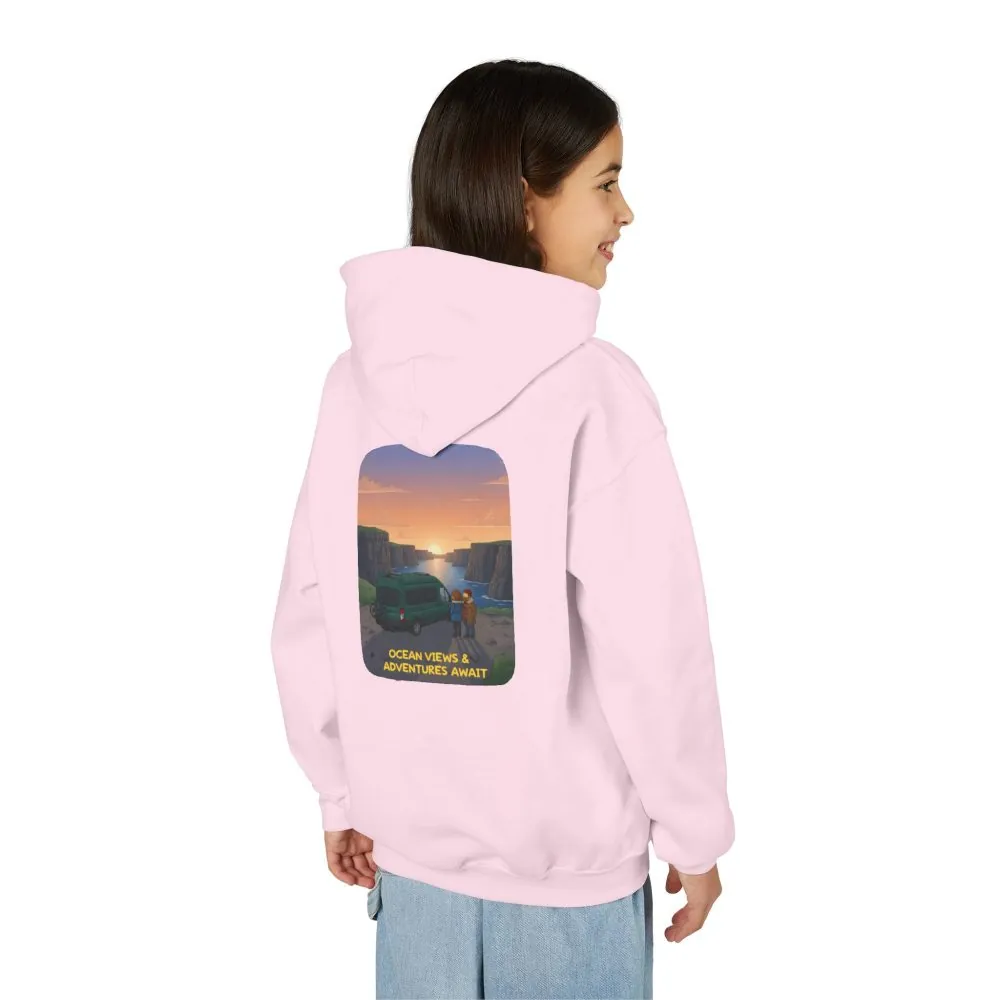 Youth Hoodie(Gildan) – "Ocean Views-Adventures Awaits" (Design Sitcom-Line)