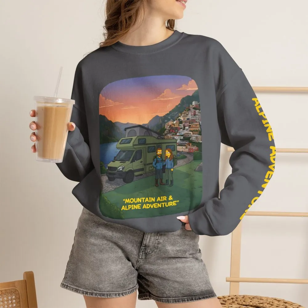Unisex Heavy Blend™ Crewneck Sweatshirt — "Mountain Air And Alpine Adventure"" Design Sitcom-Line