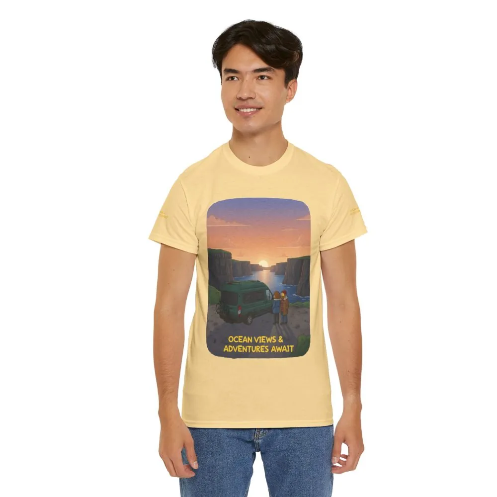 Unisex Heavy Cotton Tee — "Ocean Views-Adventures Awaits" Design Sitcom-Line
