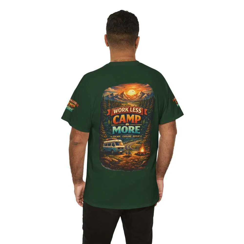 Unisex Heavy Cotton Tee — "Work Less Camp More" Design Scenic-Line